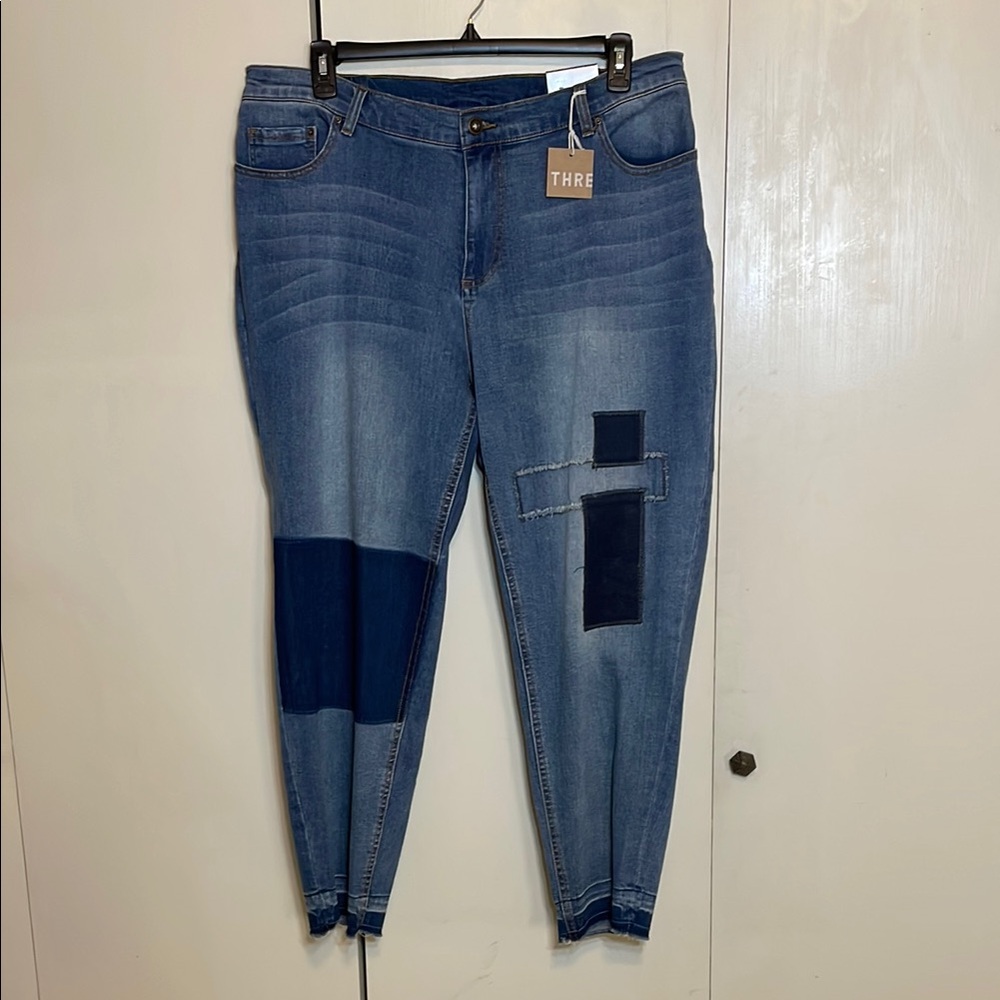 Catherines Blue Straight Leg Jeans with Distressing and Patchwork